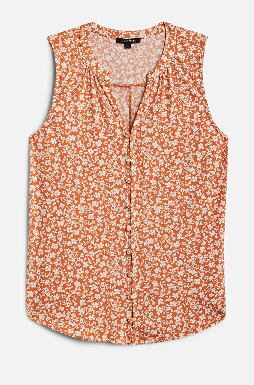 Papermoon Rust Orange Floral Button-Front Sleeveless Tank - Size Small